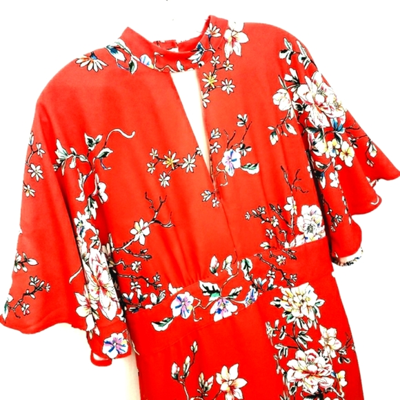 Nwot Truth & Fable Red Multicolor Floral Flutter Sleeve Maxidress - Picture 3 of 14